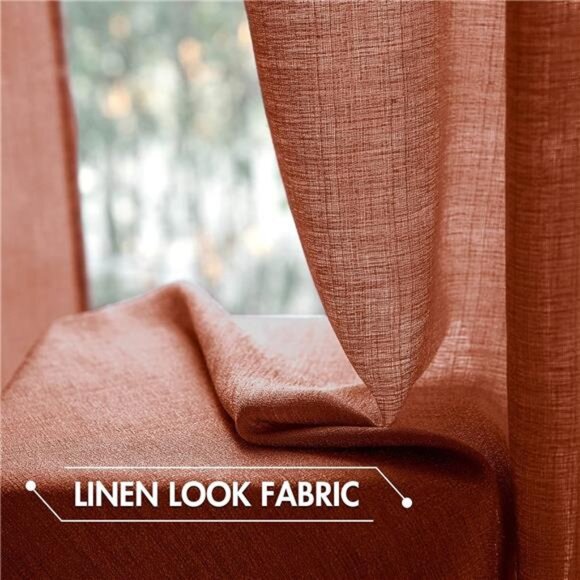 Burnt Orange Linen Textured Semi Sheer Curtains 2 Panels for Living Room Bedroom - Picture 2 of 7
